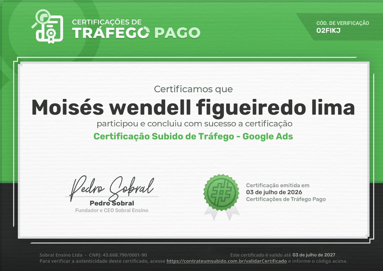 Certificação Subido de Tráfego — Google Ads, em nome de Moisés Wendell Figueiredo Lima