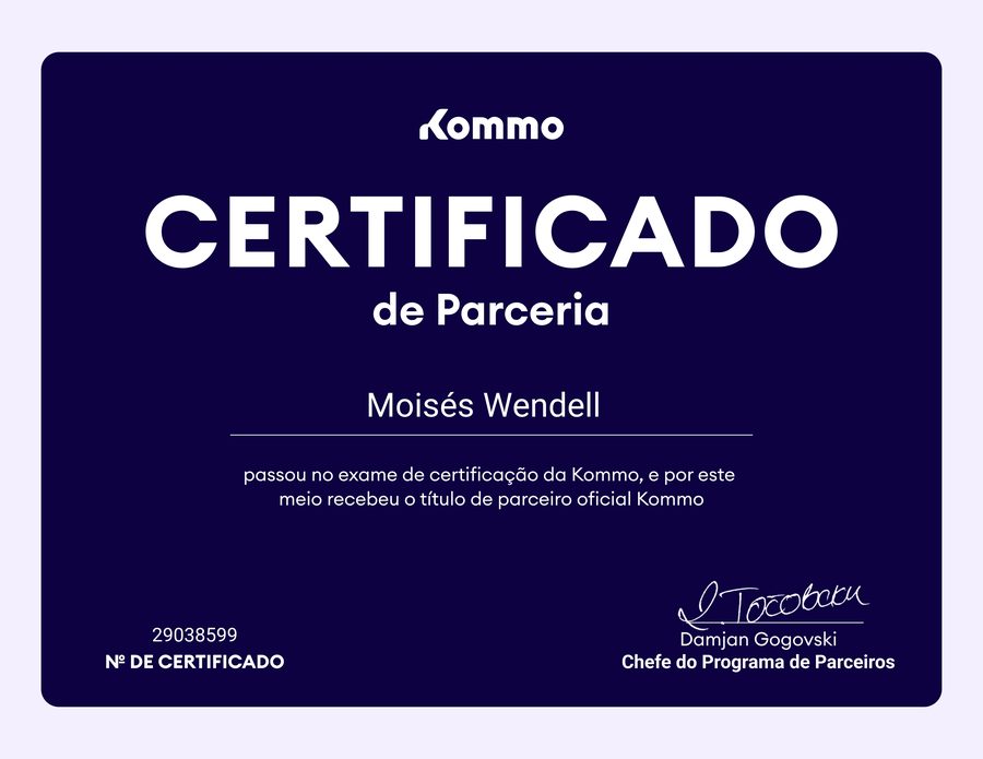 Certificado de parceria Kommo, em nome de Moisés Wendell