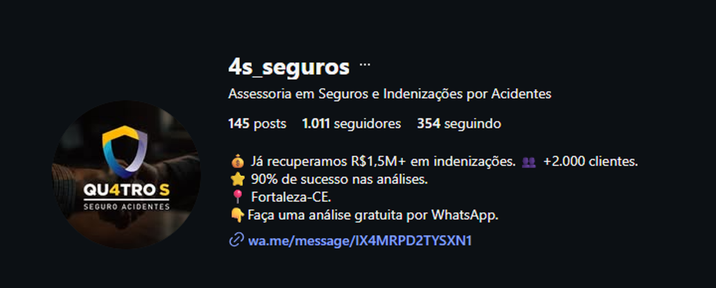 Perfil do Instagram da 4S Seguros: assessoria em seguros e indenizações por acidentes, em Fortaleza